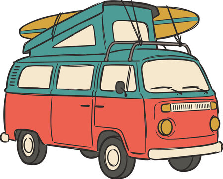 Hand drawn retro camper van with surfboard on roof, summer road trip travel clipart vector illustration, SVG