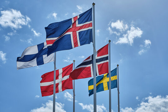 Flags of the Nordic Countries, Sweden, Norway, Denmark, Finland and Iceland.