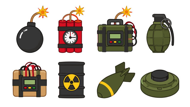 Cartoon explosive and military hazard icons set