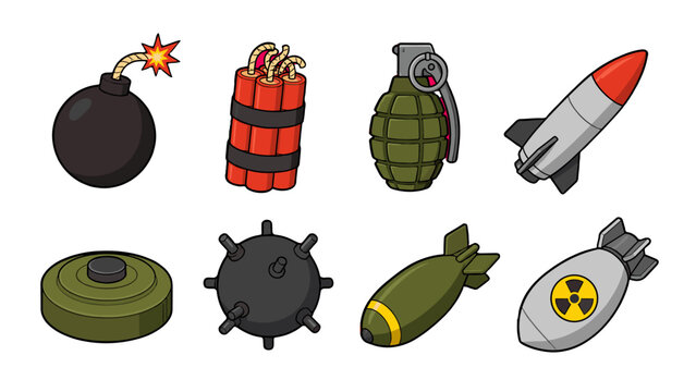 Cartoon explosive weapons and military ammunition icon set