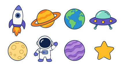 Cute space icon set with rocket planets astronaut and star © Andrei