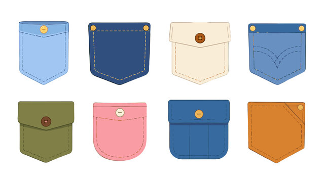 Set of colorful stitched pocket and pouch vector icons