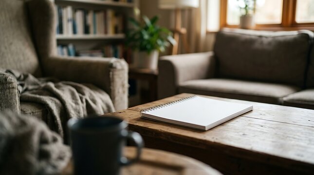 Blank spiral notebook on wooden coffee table in cozy living room with soft natural morning light home office setup