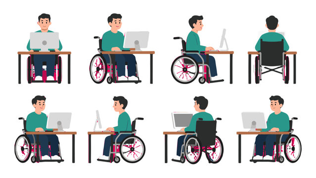 Man using desktop computer while seated in wheelchair set