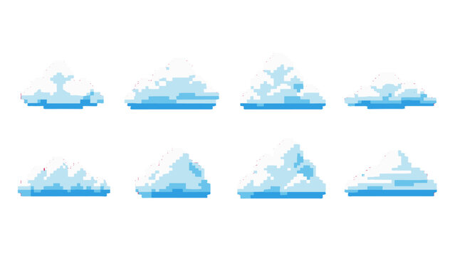 Set of pixel art cloud sprites in blue and white
