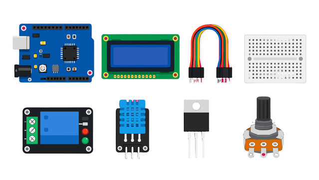 Microcontroller and electronics components set isolated on white
