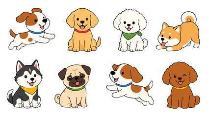 Fototapeta premium Cute cartoon dogs set with eight different puppy characters