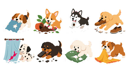 Set of playful puppy characters making messes at home © Andrei