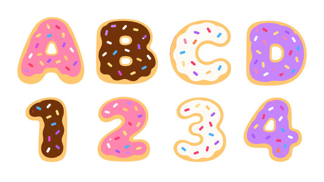 Donut alphabet letters and numbers with colorful icing sprinkles