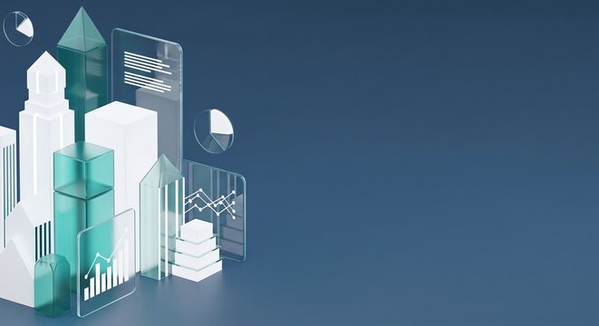 Abstract geometric smart real estate building structures 3D illustration with copy space