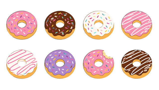 Set of colorful glazed donuts with sprinkles in flat vector style