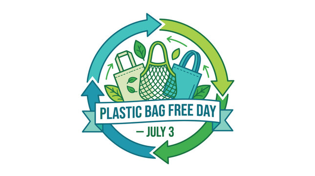 Plastic bag free day logo displays a variety of reusable tote bags inside a green recycling arrow.