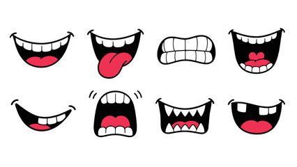 Set of cartoon mouth expressions with teeth and tongues