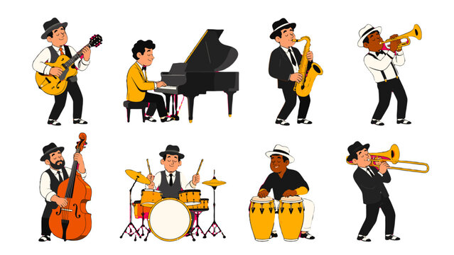 Cartoon jazz band musicians playing assorted instruments