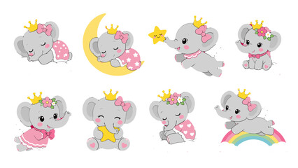 Cute baby elephant princess cartoon set with clouds and rainbow © Andrei