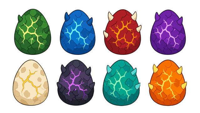 Set of colorful cracked dragon eggs with horns