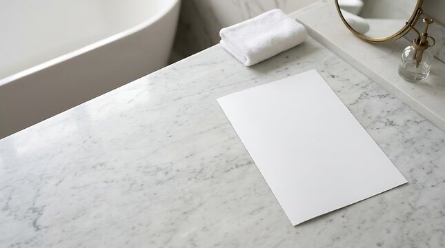 Blank white menu card mockup resting on luxurious polished marble bathroom vanity top near towel and round mirror