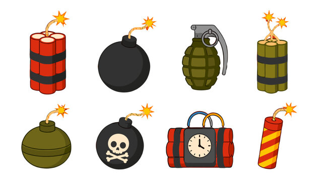 Cartoon explosive bombs and grenades icon set on white