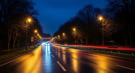 Fototapeta premium Nighttime Highway with Streetlights and Traffic.