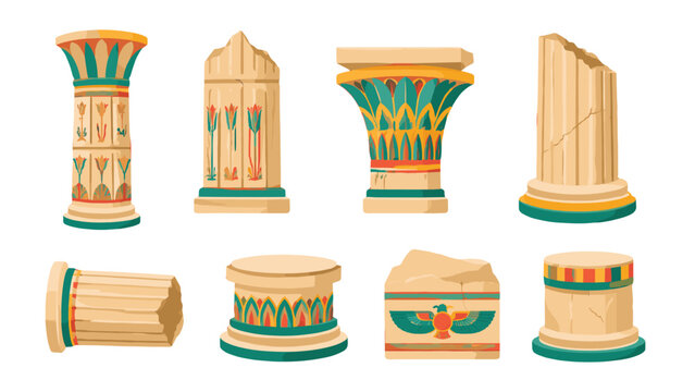 Set of decorative ancient stone columns and broken pillars