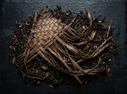Woven Dried Janur Coconut Leaves on Dark Fertile Soil for Sustainable Organic Concept