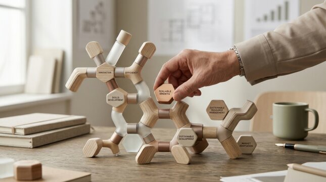 Person's hand placing a wooden block into a hexagon representing productivity flow metaphor and strategic thinking