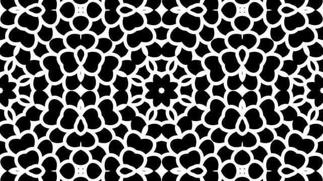 Black kaleidoscope lines form repeating floral patterns. Symmetry creates a balanced, rhythmic design.