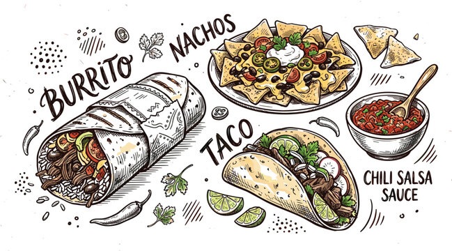 Hand Drawn Mexican Food Elements Collection Featuring Burrito Nachos Taco and Chili Salsa Sauce