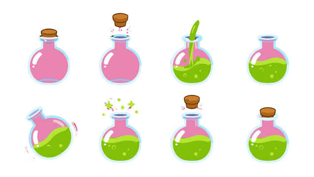 Cartoon potion bottles set with pink and green liquid stages