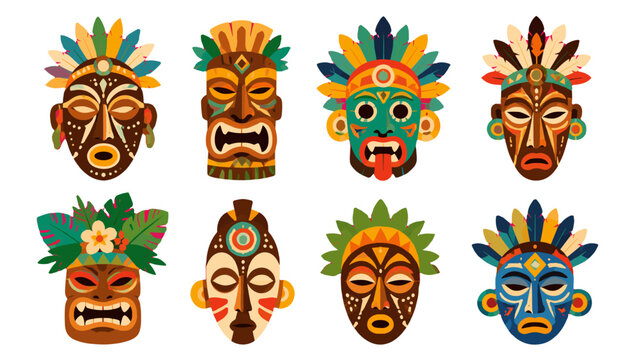 Set of colorful tribal masks with feathers and decorative details