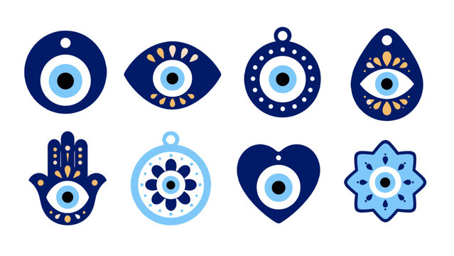 Blue evil eye amulet symbols set in flat vector style