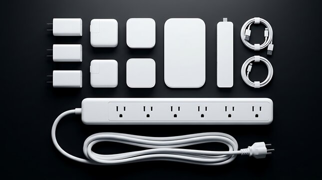 flat lay of white electronic charging adapters cables and power strip for tech setup organization and connectivity management