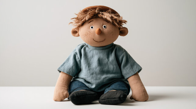 Handmade textile puppet cloth doll boy toy linen studio smiling face sitting pose neutral background soft light handmade linen cloth doll boy