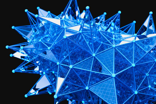 A 3D rendered glowing blue geometric wireframe star shape, featuring interconnected triangular polygons and glowing node points against a dark black background.