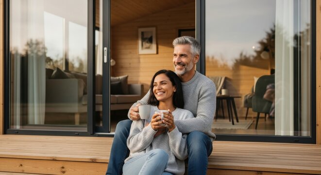 Happy Mature Couple Relaxing on the Deck of Their Modern Wooden Cabin with Coffee at Sunset