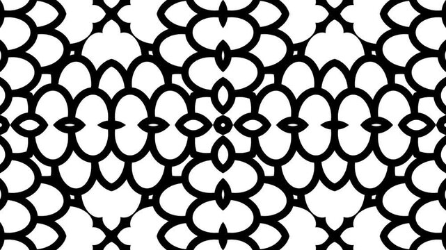 Black kaleidoscope lines form repeating floral patterns. White spaces fill the gaps between intricate shapes.