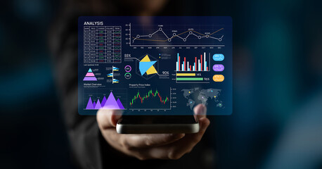 Fototapeta premium Modern Data Visualization with User Holding Smartphone Displaying Colorful Graphs and Charts for Business Analysis and Insights. Entropy.