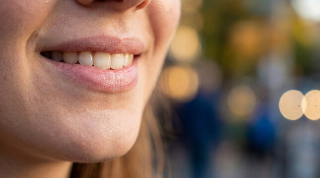 Close-up of a woman's smiling mouth with blurred bokeh background