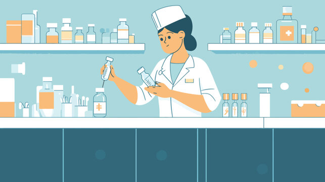 Female pharmacist preparing medication in a clinical lab setting