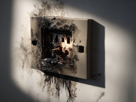 Electrical outlet damaged by fire with melted plastic and burn marks on a white wall, illustrating electrical hazard and safety risk in buildings