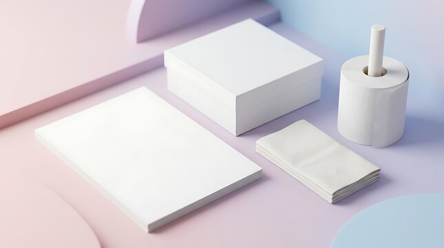 Blank white paper products mockup with tissue box and toilet paper roll for branding presentation on pastel studio background