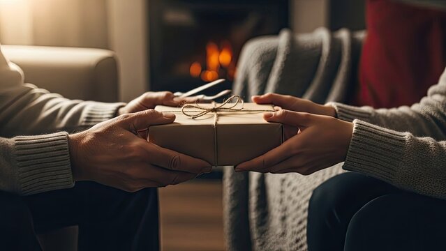 Hands exchanging wrapped gift box with bow against blurred fireplace background