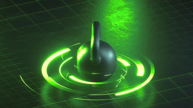 Looped neon fitness video of a kettlebell rotating on its axis with fast green light lines. Futuristic sports motion background for gym, power, and training concepts.