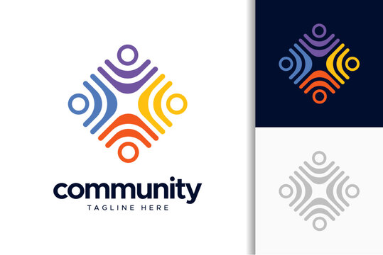 Community logo design with four abstract people figures in a circular motion representing unity and connection