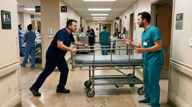 Two male nurses arguing in hospital hallway with gurney. Healthcare professionals having disagreement during emergency medical transport. Stress and pressure in busy work environment.