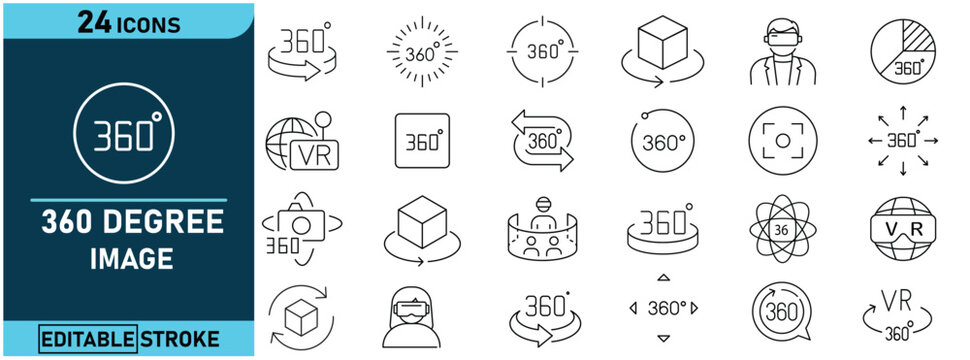 360 Degree Image Icon Set. Contains icons 360&deg; photography, virtual reality, VR technology, rotation, interactive visualization,digital experience and more . Editable stroke. Vector illustration.
