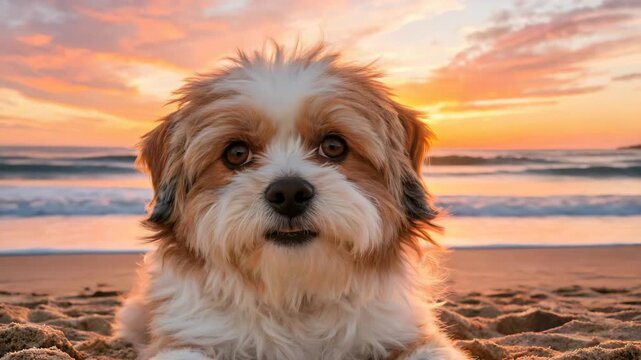 bea tzu dog beach sunset light coastal portrait video