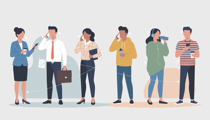 Obraz premium Group of diverse people standing in a row while using smartphones for calling texting and listening to music in a modern social media setting.