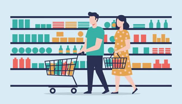 Young couple shopping together in a supermarket aisle filled with colorful products while using a shopping cart and basket for household items.