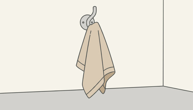 Simple illustration of a beige towel hanging on a metal wall hook in a bathroom or kitchen setting against a plain wall for interior concepts.